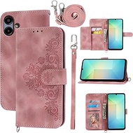 Wallet Case for Samsung Galaxy A06/A07 with Wrist Strap Crossbody Shoulder Strap, Embossed Leather F