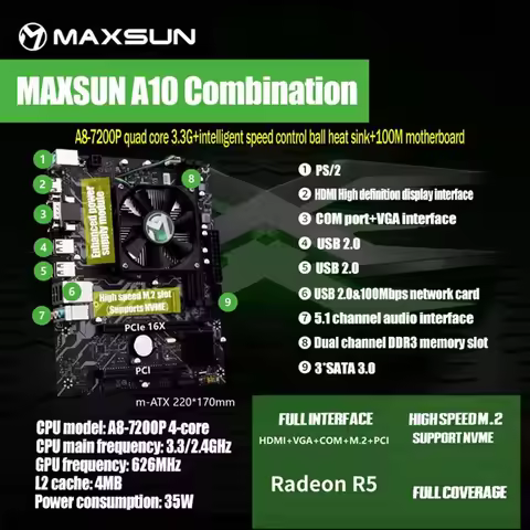 MAXSUN Onboard CPU Motherboard A10 Quad Core Super Nuclear Display AMD A8-7200P DDR3 M.2 SATA3.0 Mai