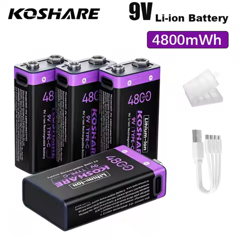 KOSHARE USB Rechargeable 9V Li-ion Batterires 4800mWh Type-C High Capacity 6F22 Lithium Battery For 