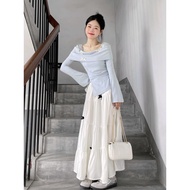477 HYK SHOP🇲🇾 Korean Style Women Outfit Set | Elegant Off Shoulder Top + Long Skirt Baju Set Peremp
