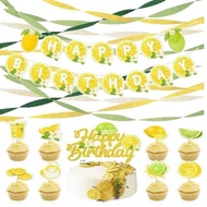 White Happy Birthday Banner Party Decorations Green Yellow s Crepe Paper Streamer Lemon Cake Toppers