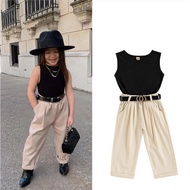 B930G-3Pcs Girls Summer Outfits, Kids Round Neck Sleeveless Tank Tops + Casual Pants with Pockets + 