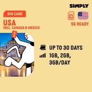 SIMPLY USA + Canada + Mexico | 3-30 Days | Daily 500MB/1GB/2GB/3GB | Data SIM