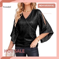 TRD Women Glitter Shirt Glamorous Women Shirt Sparkling Sequin V-neck Blouse for Stylish Southeast A