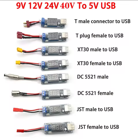 XT60 XT30 JST T Plug to USB DC Buck Converter In 5.5*2.1 5.5*2.5 9V 12V 24V 40V To 5V USB Step Down 