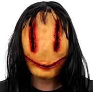 Topeng Halloween Menakutkan SelfTek dengan Rambut Palsu, Topeng Seram Jahitan Wanita Hantu Topeng La