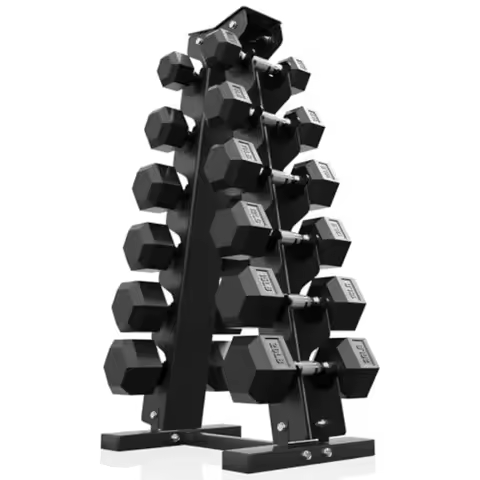 Rubber Encased Hex Dumbbell Set 140 lb Home Free Weights Pair of 5 8 10 12 15 20 lb with Rack Black 