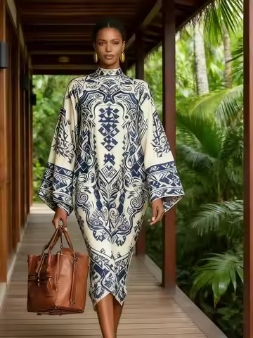 UOOZEE 2026 New Women Vintage Tribal Printed High Neck Party Dress Batwing Sleeves Loose Elegant Eve