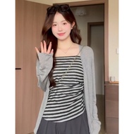 YUEZHONGWEI | ชุดเสื้อผ้าแฟชั่น OOTD เสื้อกันหนาวสีเทาและเสื้อลายขวาง 2 ชิ้น