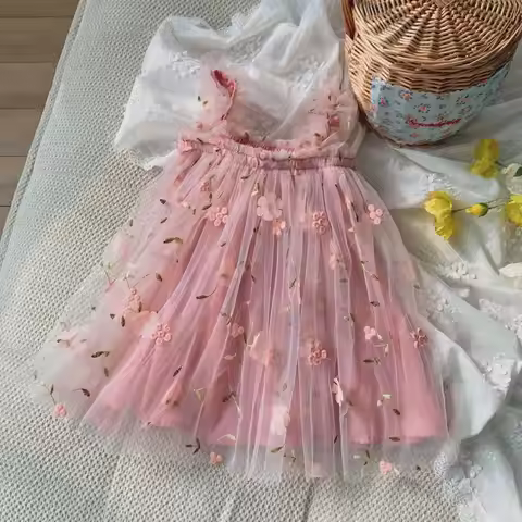 Toddler Baby Girl Princess Embroidery Strap Tutu Dress Sleeveless Flower Kid Mesh Vestido Party Birt
