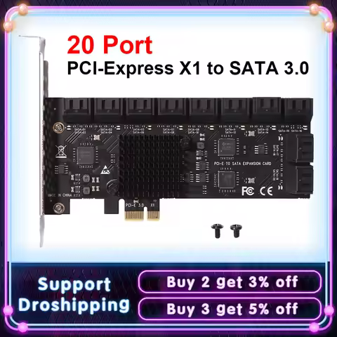 PCIE Adapter 20/16/12 Port PCI-Express X1 to SATA 3.0 SA3112J Expansion Card 6Gbps High Speed Add On