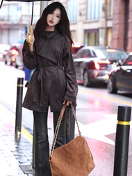 Azure Suede Velvet Jacket Stand Collar Long Coat Vintage Simple Fashionable Leatherlike Outerwear Wo