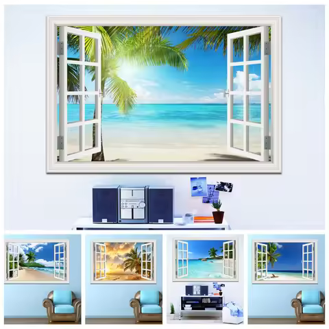 3D Beach Window View Wall Sticker Removable Summer Coconut Tree Murals Wallpaper Peel and Stick Livi