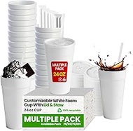 24 oz Styrofoam Coffee Cups with Lids and Straw | Foam To-Go Cups for Hot & Cold Drinks | Disposable