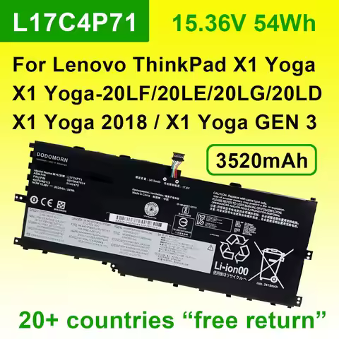 L17C4P71 Laptop Battery 15.36V 3520mAh For Lenovo ThinkPad X1 Yoga Gen 3/2018 20LE 20LD Series 01AV4