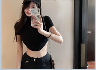 Áo croptop cổ lọ vạt bầu nhún eo tay ngắn nữ áo crt ôm body đen trắng dưới 55 cân