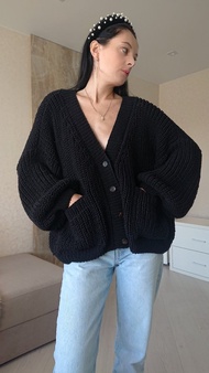 純棉手工針織開襟外套 Black 針織外套 寬鬆針織開襟外套 毛衣外套