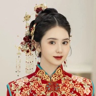 เครื่องประดับผมสไตล์จีนสำหรับเจ้าสาว ชุดกระดุมสีแดง ชุดแต่งงาน ชุดโบราณ ตกแต่งผมแบบจีน ดอกไม้สามมิติ