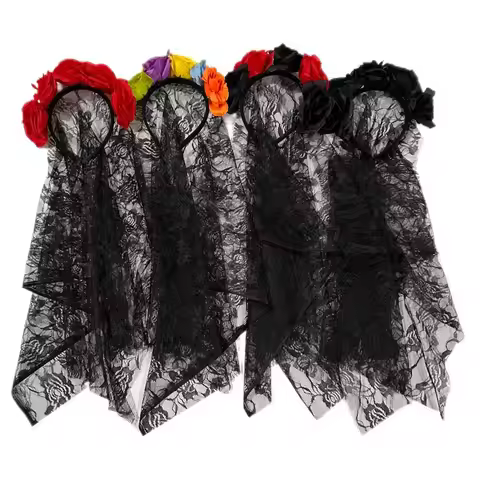 1pcs Black Veil Halloween Rose Flower Headband Costume Cosplay Wedding Mexican Rose Flower Crown Hea
