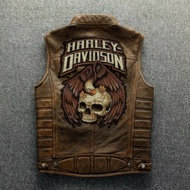 vest kulit asli pria biker Harley davidson brown