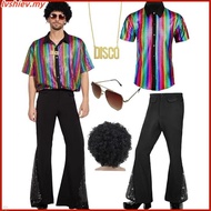5 PCS Men's 70s Disco Outfit Costume Retro 80s Bell Bottom Pants short Sleeve Shirts