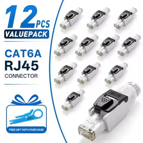 12Pcs Cat6A Tool-Free RJ45 Connector, 10Gbps Toolless RJ45 Plug No Crimping Required, Support 22-26A