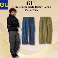 GU Men Denim Wide Baggy Cargo Pants Y2K Streetwear Unisex Casual