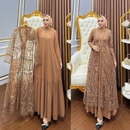 Queen Outfit-Gamis Set Outer Ceruty Babydoll Aplikasi Brokat Arimbi Dress Kondangan Mewah Kekinian