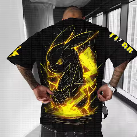 2026 Summer Pokemon Cotton T Shirt Pikachu Front Print Yellow Lightning Effects Black Tops Loose Fit