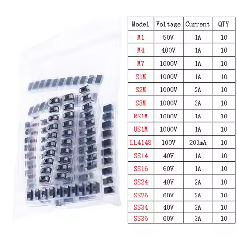150pcs 15Value SMD Fast Switching Schottky Diode Assort Kit M1 M4 M7 S 1 S2M S SS14 SS16 SS24 SS26 S