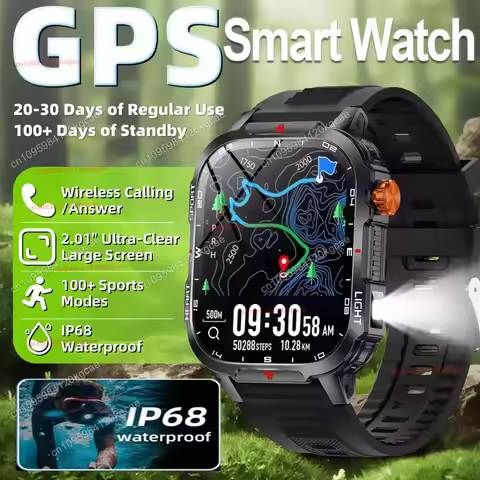 2026 New Military-grade Smart Watch Men GPS Flashlight 3ATM Waterproof Watch Bluetooth Calls 100+ Sp