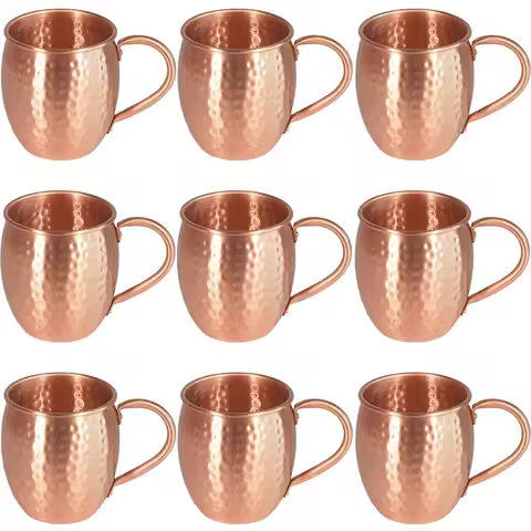 9PCS Pure Copper Hammered Moscow Mule Mug 550ml – Large Handcrafted Cocktail Cup for Vodka Mixers, I