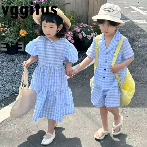 Children Girl Boy Matching Outfits Summer Checkered Casual Brother Sets/Sister Short Puff Sleeves Dr