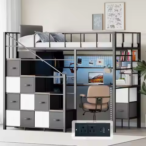Twin Loft Bed with Desk, Stairs, LED Light, Metal Frame, Guardrail, Charging Station, Closet, Drawer