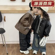 兒童秋裝外皮依2024新款男女寶寶春秋韓版PU夾克連帽衛依時髦潮