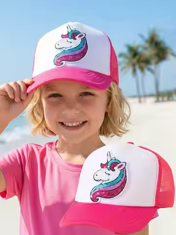 1pcs 3-8Y Girls Rose Red Mesh Baseball Cap, Unicorn Embroidery Peaked Cap with Sponge Mesh, Casual C