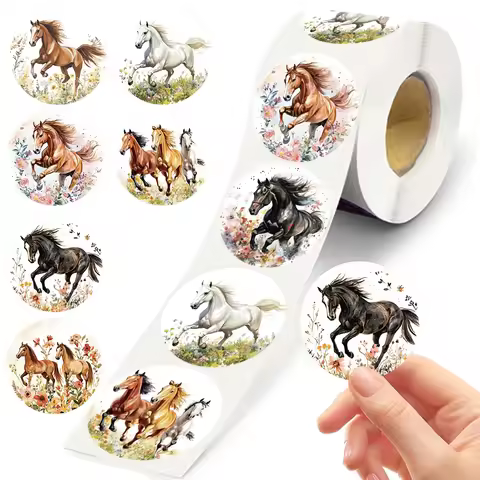 500 Pcs/roll Horse Stickers Cartoon Galloping Horse Graffiti Round Sticker Waterproof Labels for Fri