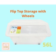 Transparent Clear Flip Top Storage Box with Bottom Wheels and Stackable (56L)