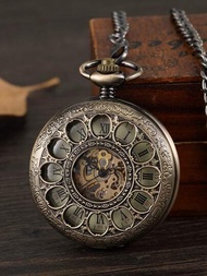 1入組男士青銅合金錶帶羅馬，數字錶盤，復古雕刻花朵，圓形指針機械懷錶，適合日常生活