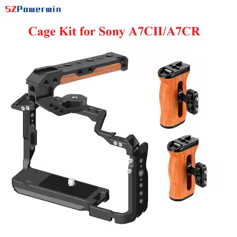Powerwin Camera Cage For Sony A7C II A7CR A7C2 Wooden Handgrid Handle Kit Aluminum Alloy Multifuncti
