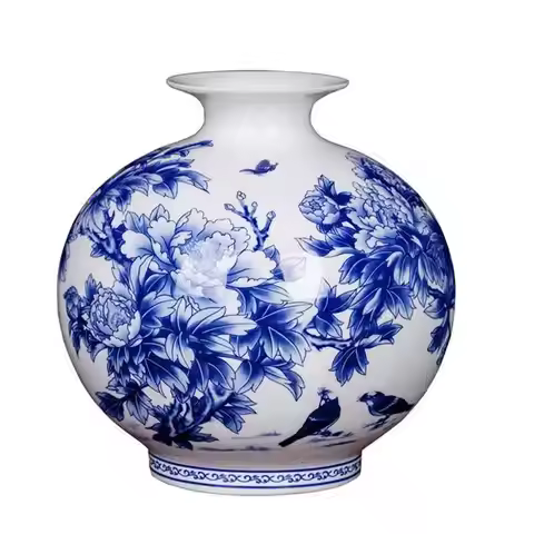 Jingdezhen Ceramic New Chinese Peony Flower Vase Blue And White Porcelain Ornaments Lliving Room Fin