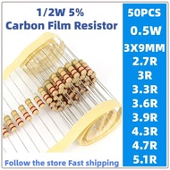 50pcs 1/2w carbon film resistor 5% 0.5w 2.7R 3R 3.3R 3.6R 3.9R 4.3R 4.7R 5.1R ohm