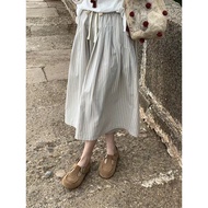 Qiaomi French Loose Cotton Linen Striped A-Line Culottes - High Waist Cropped Pants