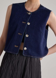 Relaxed Denim Round Neck Button Down Vest Top