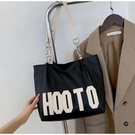 Smooth leather tote bag, fashion armpit shoulder bag with HooTo embroidered pattern