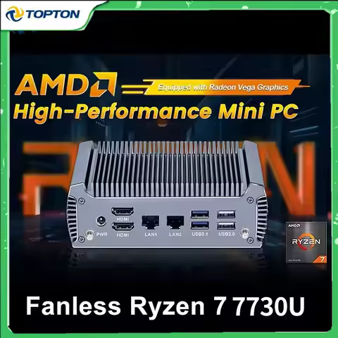 Topton FU02 Fanless Router Mini PC AMD Ryzen 7 7730U 8 Core 16 Threads Barebone PC 2 LANs Gaming Com