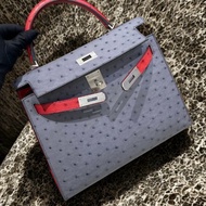 【精選天菜】Kelly28 瑪瑙灰拼紅色鴕鳥 磨砂銀扣 馬蹄刻印