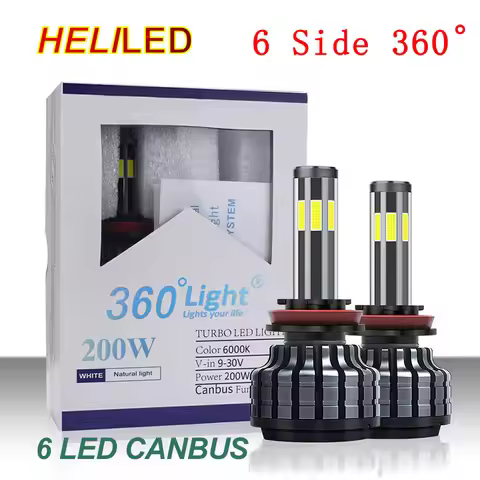 LED Headlight 6 Side LED Lights for 12V Car H8 H11 H7 9006 HB4 9005 HB3 200W LED Bulb 6000K Car Lamp