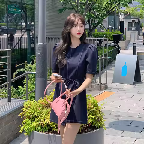 Spring Summer Tea Break Sle Small Bubble Sve Dr Women Ele Asymmetrical Slimming Korean Sle Midi Dr