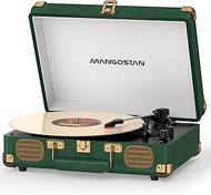 3-Speed Bluetooth Record Player, Vintage Dark Green PU Leather Suitcase Turntable with Built-in Ster